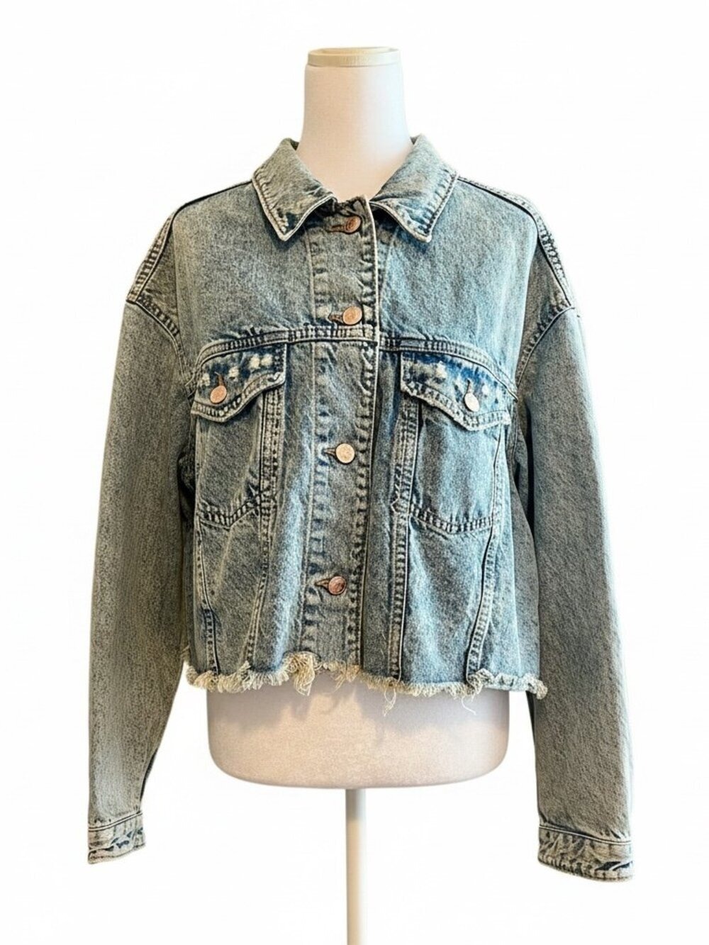 Wild Fable Cropped Distressed Acid Wash Denim Trucker Jacket - Size Med